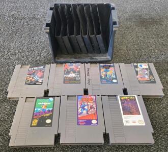 NES Game Cartridge Lot: Gyruss, Punch-Out!!, Mega Man 2, Pinball, Organizer Case Included