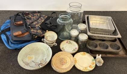 Large Mixed Lot &ndash; Vintage Kitchenware, Bakeware, Glass Jars, Floral Dinnerware, 4 Bags/Purses