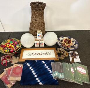 Handcrafted Basket Set, Indigo Textile, 2 Globe Lamp Shades, Floral Art & Decor Lot