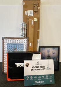 Too picture frames, stone cutting table, window decals, and Car equipment