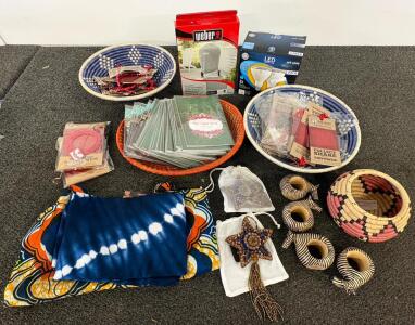 Mixed Lot: Handwoven Baskets, Weber 22" Grill Cover, GE LED Bulbs, Decor, Napkin Rings, Cards