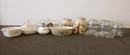 Vintage CorningWare Cornflower Blue Set, Rooster Canisters, Glass Percolators, 14+ Piece Lot USA