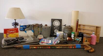 Large Mixed Lot - Kitchenware, Vintage Decor, Collectibles, Office Supplies, Canes, Lamp