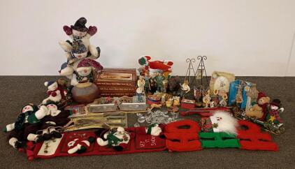 Mixed Lot: Figurines, Holiday Decor, Brass Shoe Horns, Knives, Plush, Crystal Drops, Vase