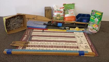 Large Lawn & Garden Hardware Lot: Scotts Seed, Hot Shot Fogger, Peg Hooks, Trimmer Line, Paddle
