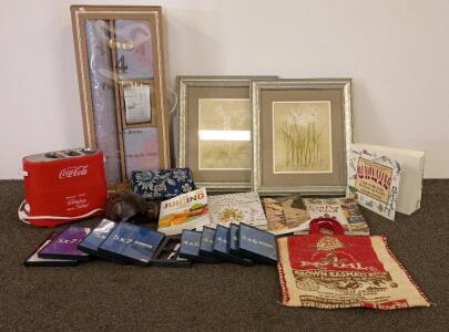 Mixed Home Goods Lot Oak and Reed Yoga Set, Coca-Cola Cooler, Mainstays Frames, Wall Art, Books