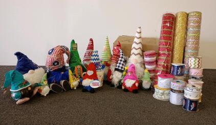 Large Lot: 13 Plush Gnome Decorations, 17 Assorted Craft Ribbons, Holiday & Themed, 2 Boxes