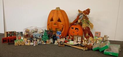 Large Mixed Lot Halloween & Christmas Decor, Ceramic Figurines, Light-Up Pumpkin, 50+ Pieces