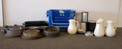 Assorted Vintage Kitchenware Lot &ndash; 3 Carafes, Bake Pans, Metal Containers, Blue Storage Bin