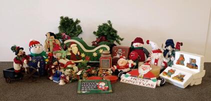 Large Christmas Decor Lot &ndash; 30+ Mixed Items: Plush, Wood Sleigh, Figurines, Lantern, Signs