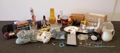 Mixed Assorted Lot Vintage Decor Jewelry Ceramics Books Socks Yarn Figurines 35pcs