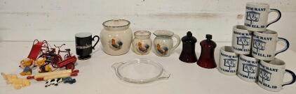 Mixed lot including: Rooster Pot set (3 piece), Tricycle/Slide set, Cherub figures (2), Mr. V'S restaurant Caldwell mugs (6), and more.