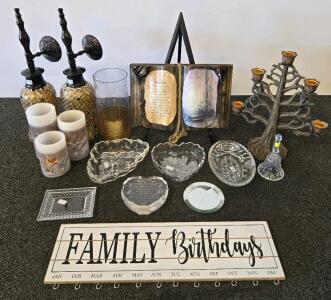 Assorted Home Decor Lot - Gold Mosaic Sconces, Tree Candelabra, Glassware, FAMILY Sign
