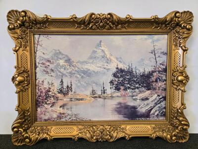 Framed Erik Gouws Landscape Print, Gold Ornate Frame, 45" x 33" Alpine Lake Scene