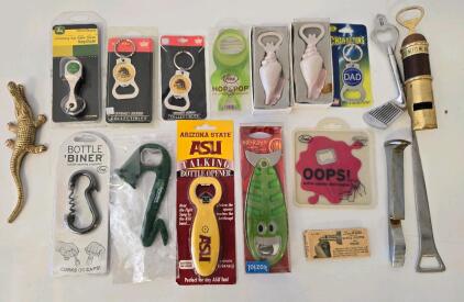 Lot of 18 Bottle Openers &ndash; John Deere, ASU, Boise State, Novelty, Keychain, Corkscrew, Talking