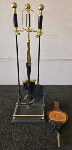 Brass & Black Fireplace Tool Set with Stand, Poker, Shovel, Tongs, Broom & Monogrammed Bellows