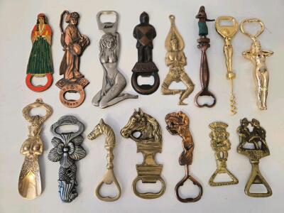 Lot of 15 Vintage Brass & Metal Figural Bottle Openers, Horses, Women, Novelty Bar Collectibles