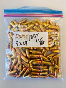 Bag Of 9mm Luger FMJ & JHP Brass Ammo &ndash; Mixed Blazer & Winchester 115gr, Ziploc Pack