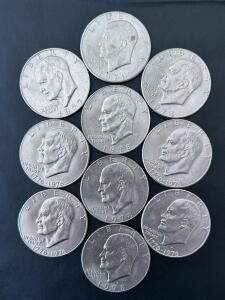 Eisenhower Dollar Lot: 10 Coins, 1971&ndash;1978 Including Bicentennial, All Circulated, Philadelphia Mint