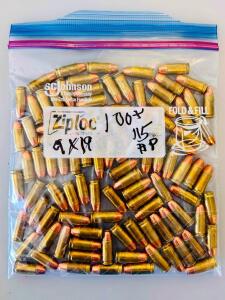 Bag Of 9mm Luger FMJ & JHP Brass Ammo &ndash; Mixed Blazer & Winchester 115gr, Ziploc Pack