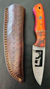 Custom Damascus Fixed-Blade Knife, Nativity Scene Cutout, Dyed Wood Handle, Leather Sheath
