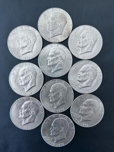 Lot of 10 Eisenhower Bicentennial Dollars 1776-1976, "D" & Philadelphia Mint, Circulated Coins