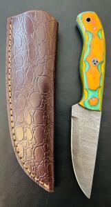 Custom Damascus Fixed-Blade Knife, Drop Point, Multicolor Laminated Handle, Leather Sheath