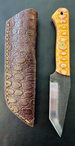 Custom Fixed-Blade Tanto Knife, Patterned Handle, Mosaic Pins, Leather Sheath, 4.5" Blade