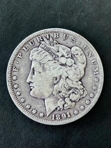 1891 Morgan Silver Dollar Coin, 90% Silver, New Orleans Mint, Circulated