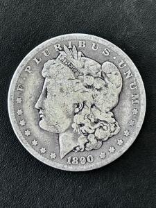 1890 Morgan Silver Dollar, United States, 90% Silver, Liberty Head, Eagle Reverse, Heavy Wear