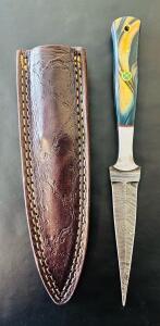 Custom Damascus Steel Dagger Knife, Resin Handle, Mosaic Pin, Leather Sheath, 10" Overall