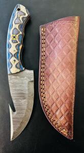 Damascus Gut Hook Hunting Knife, Custom Resin/Wood Handle, Leather Sheath, 4" Blade