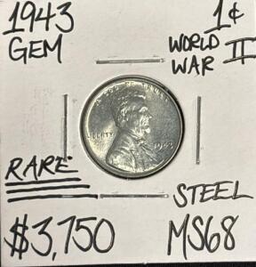 1943 MS68 RARE WORLD WAR II GEM STEEL CENT