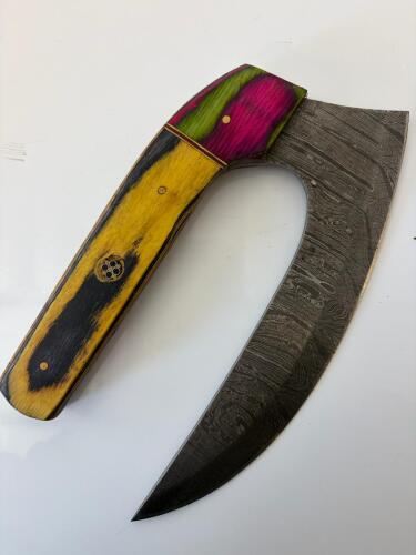 Damascus Curved Fixed-Blade Knife w/ Vibrant Wood Handle & Custom Leather Sheath, Mosaic Pin