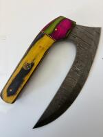 Damascus Curved Fixed-Blade Knife w/ Vibrant Wood Handle & Custom Leather Sheath, Mosaic Pin