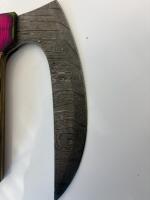 Damascus Curved Fixed-Blade Knife w/ Vibrant Wood Handle & Custom Leather Sheath, Mosaic Pin - 2