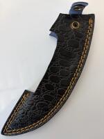 Damascus Curved Fixed-Blade Knife w/ Vibrant Wood Handle & Custom Leather Sheath, Mosaic Pin - 3