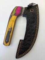 Damascus Curved Fixed-Blade Knife w/ Vibrant Wood Handle & Custom Leather Sheath, Mosaic Pin - 4