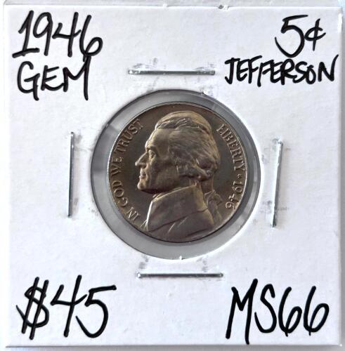 1946 Jefferson Nickel MS66, Philadelphia Mint, 5&cent; Coin, High Grade GEM in 2x2 Holder