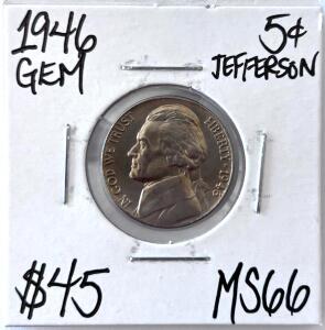 1946 Jefferson Nickel MS66, Philadelphia Mint, 5&cent; Coin, High Grade GEM in 2x2 Holder