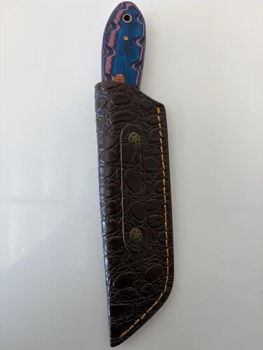 Custom Damascus Steel Tanto Cleaver Knife, Blue Wood Handle, Tooled Leather Sheath, Mosaic Pin