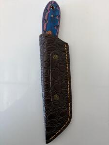 Custom Damascus Steel Tanto Cleaver Knife, Blue Wood Handle, Tooled Leather Sheath, Mosaic Pin