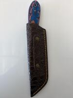 Custom Damascus Steel Tanto Cleaver Knife, Blue Wood Handle, Tooled Leather Sheath, Mosaic Pin