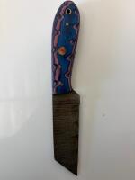 Custom Damascus Steel Tanto Cleaver Knife, Blue Wood Handle, Tooled Leather Sheath, Mosaic Pin - 2
