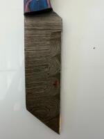 Custom Damascus Steel Tanto Cleaver Knife, Blue Wood Handle, Tooled Leather Sheath, Mosaic Pin - 3