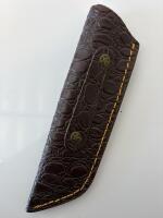 Custom Damascus Steel Tanto Cleaver Knife, Blue Wood Handle, Tooled Leather Sheath, Mosaic Pin - 4