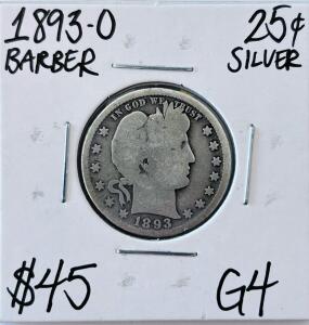 1893-O Barber Quarter Dollar, 90% Silver, G4 Grade, New Orleans Mint