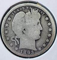 1893-O Barber Quarter Dollar, 90% Silver, G4 Grade, New Orleans Mint - 2