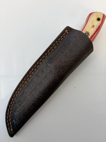 Custom Damascus Hunting Knife, 4" Drop Point Blade, Bear Cutout, Laminated Wood Handle, Leather Sheath