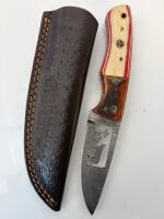 Custom Damascus Hunting Knife, 4" Drop Point Blade, Bear Cutout, Laminated Wood Handle, Leather Sheath - 2